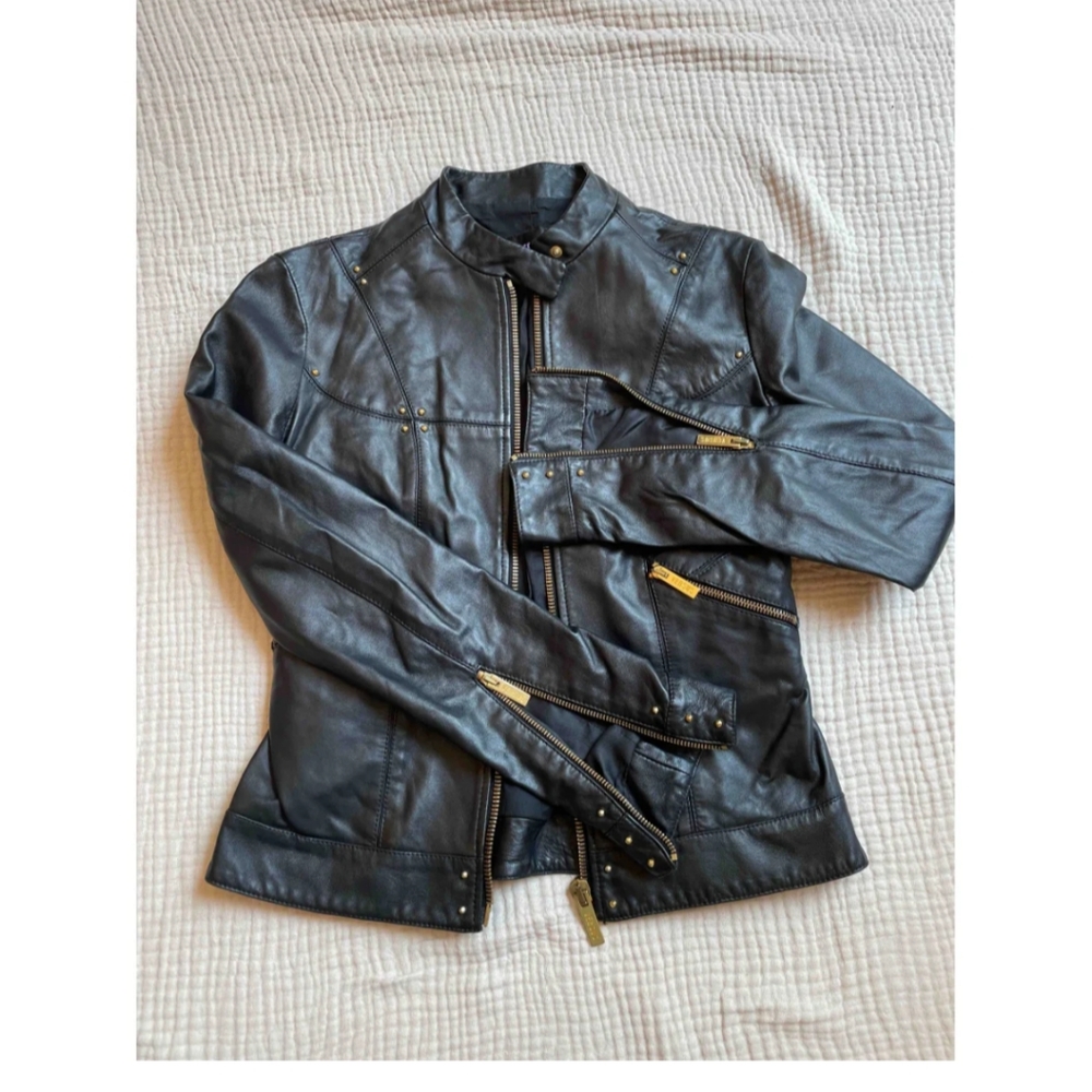 Versus By Versace Black Leather Moto Jacket with Gold Hardware